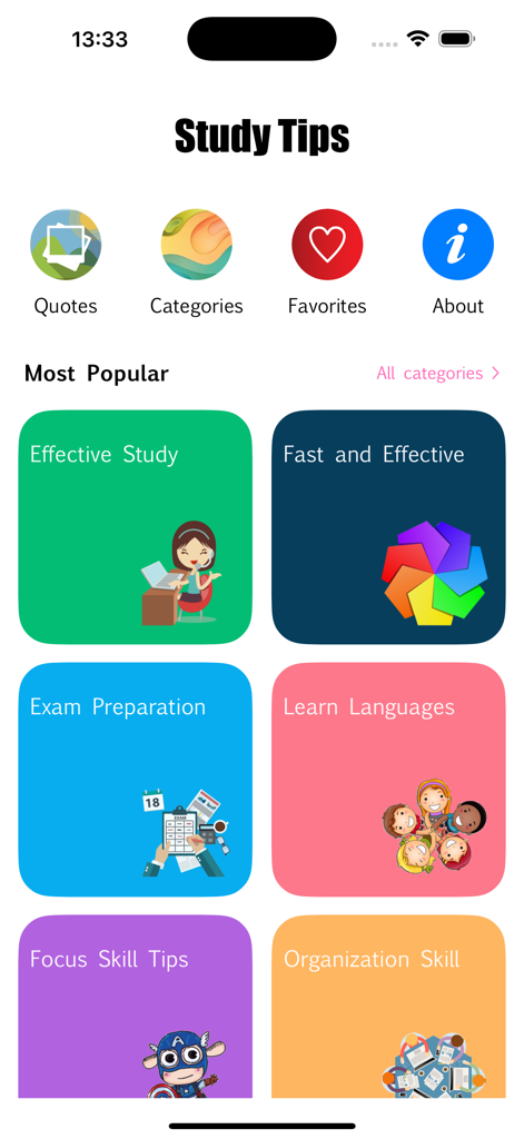 Home screen of the Best Study Tips 2026 app showing colorful tiles for study categories like exam preparation and focus skills