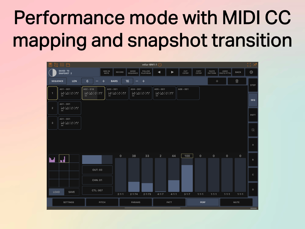 mKer - mKer MIDI sequencer performance mode interface showing MIDI CC mapping sliders and snapshot transitions