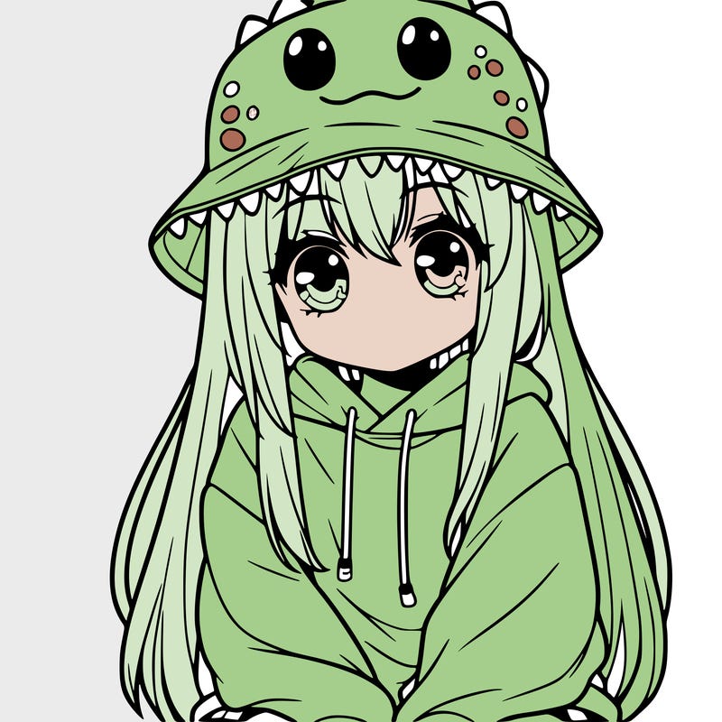 girl with anime shaped eyes with a dinosaur bucket hat oversized sweatshirt long straight hair