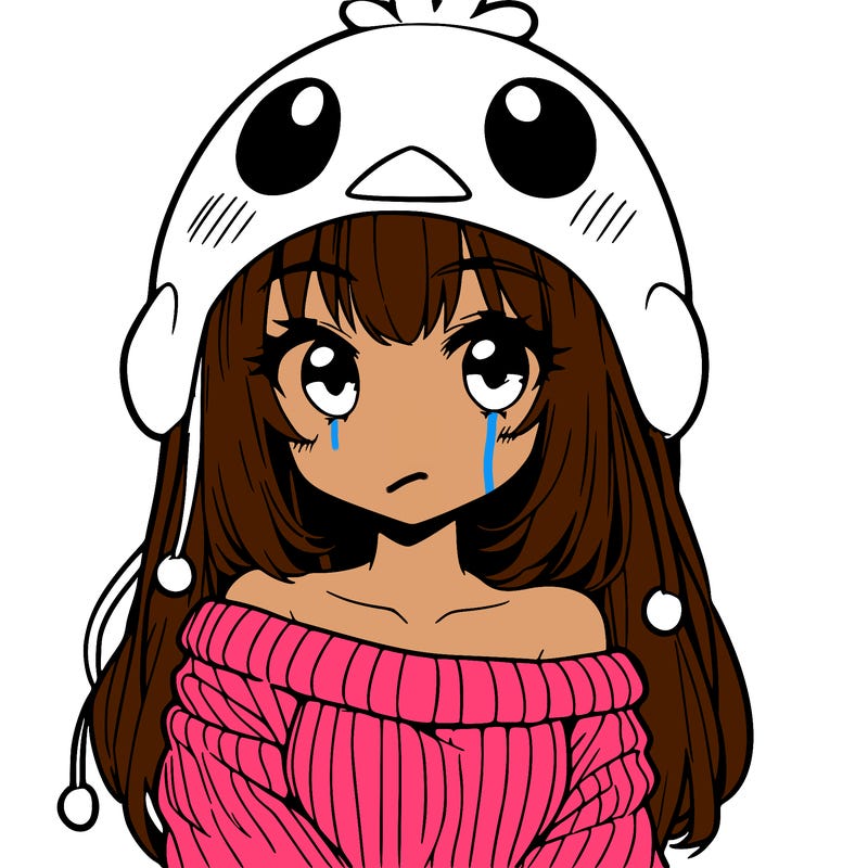anime girl with chick shaped hat with sweater with bare shoulders with bangs covering them one eye with low tail