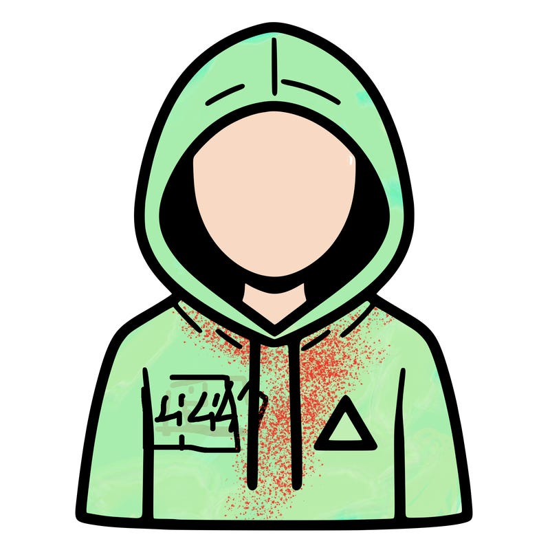 a person with non face waering a hoodie with a small triangle symbol