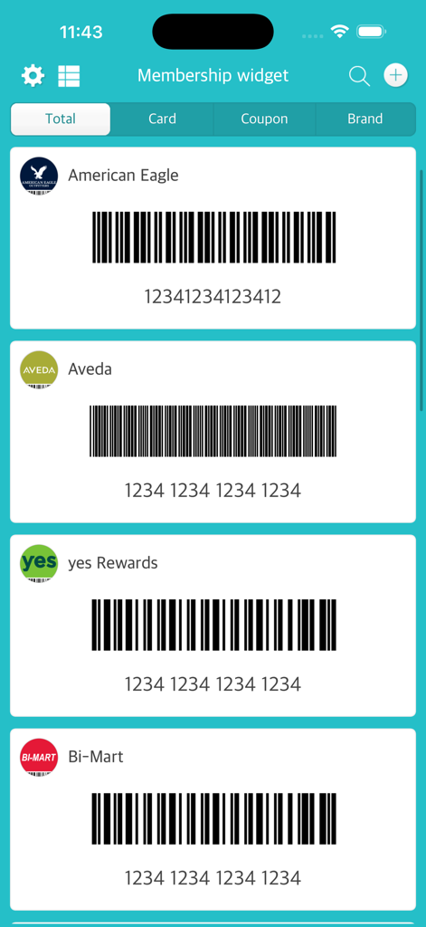 Interface do Membership widget Pro exibindo vários cartões de fidelidade de lojas e códigos de barras para fácil escaneamento