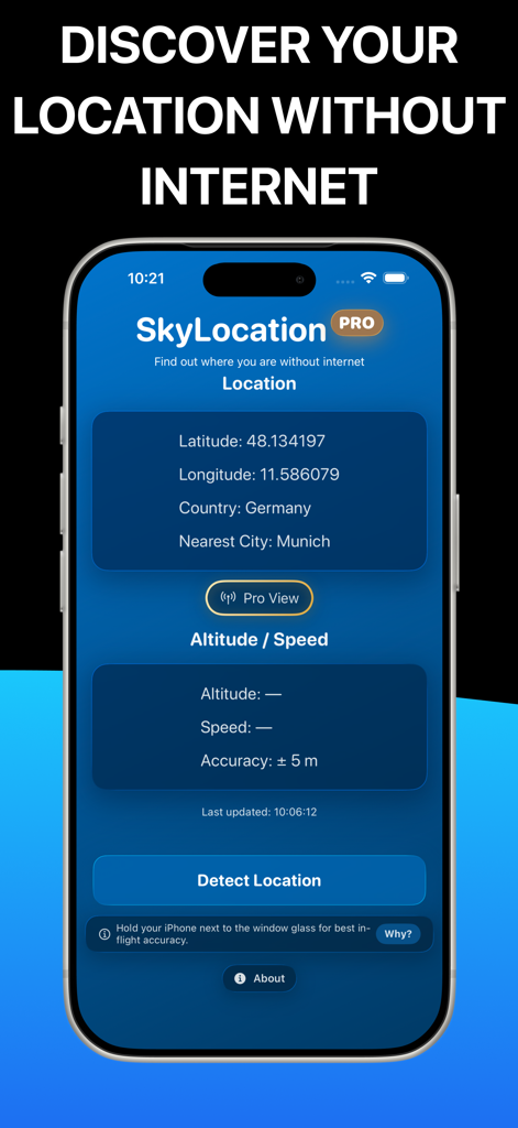 SkyLocation - SkyLocation app interface displaying offline GPS coordinates including latitude longitude and nearest city