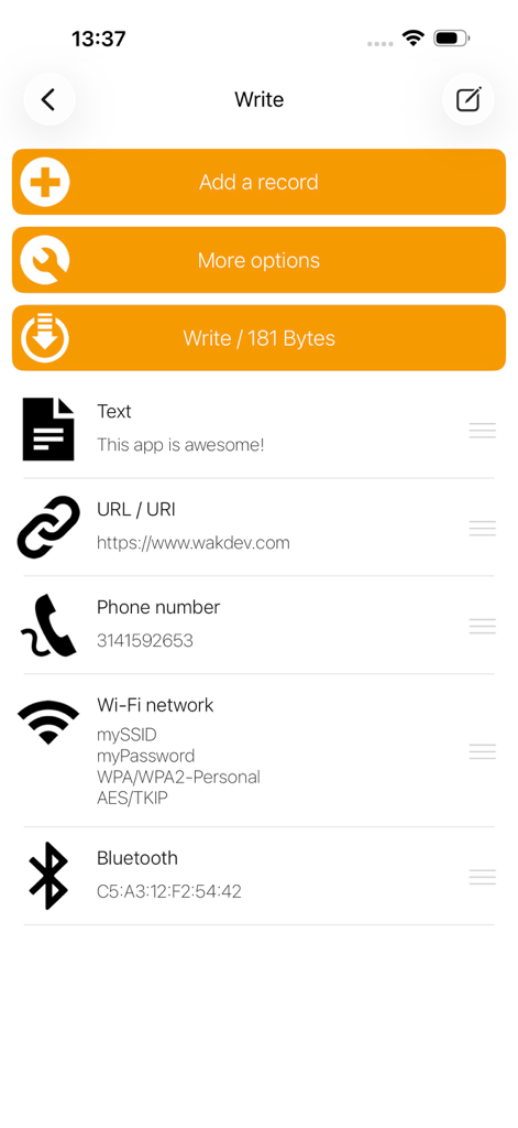 NFC Tools app write screen showing options to add text URL phone number and Wi-Fi records to an NFC tag