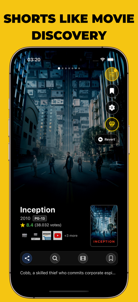 MovieTok: Shorts for Movies - MovieTok mobile app interface showing movie details for Inception with ratings and streaming platform availability