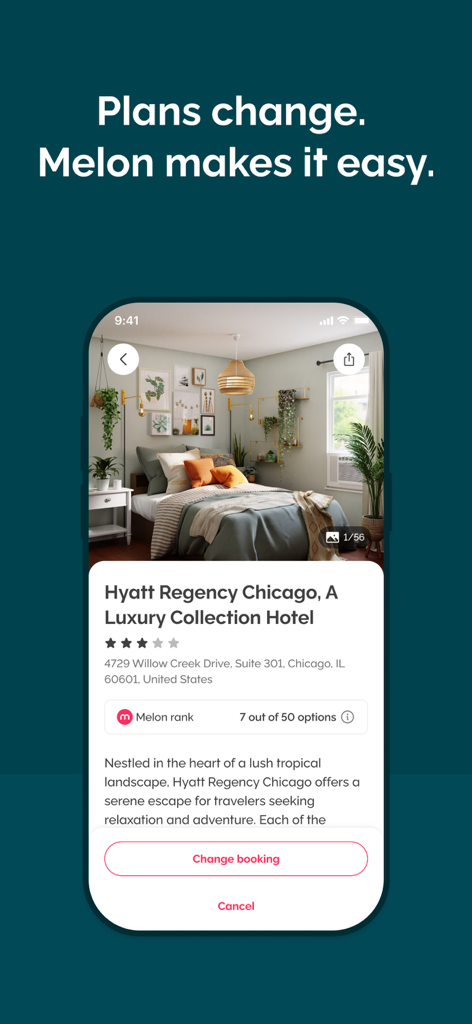 Melon Geschäftsreise-App zeigt eine Hotelbuchung für das Hyatt Regency Chicago mit Optionen zur Änderung oder Stornierung an