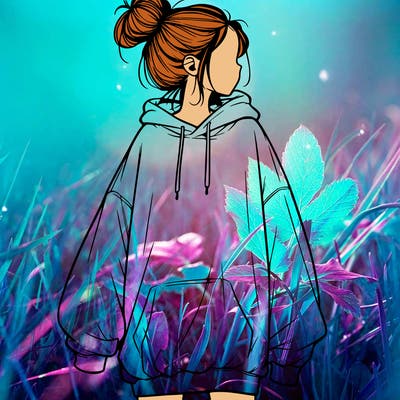 realistic girl with a oversized sweatshirt on and a bun
