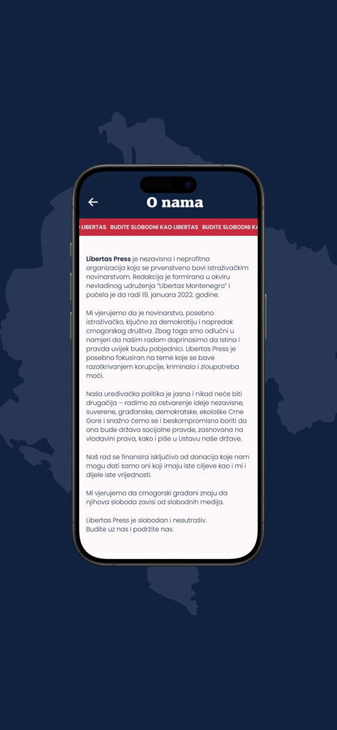 Libertas Press - About Us section of the Libertas Press news app explaining its mission for independent investigative journalism.
