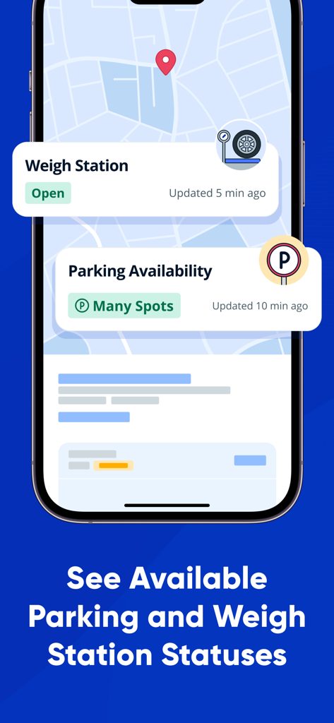 Mudflap - Mudflap app interface showing real-time truck parking availability and weigh station status on a map.