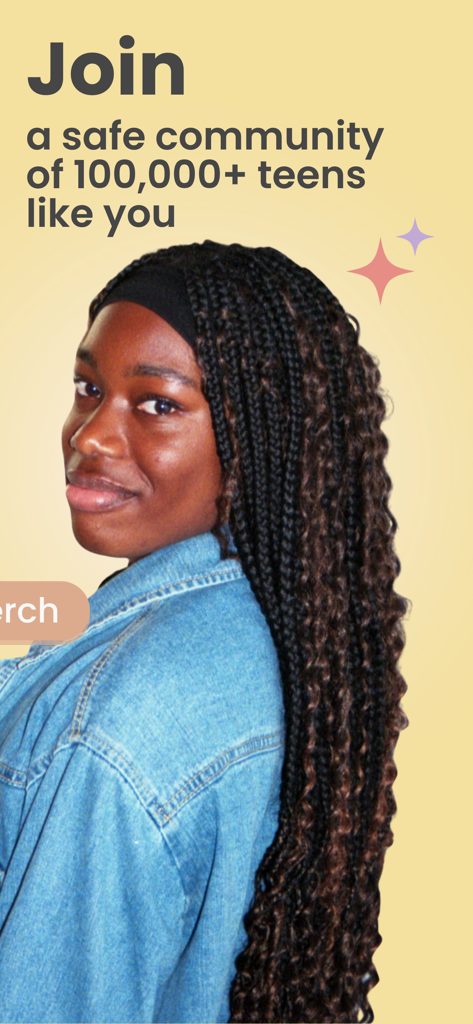 luna: teen health & period app - Schermata promozionale per l'app luna con una ragazza adolescente sorridente e testo che invita gli utenti a unirsi a una comunità sicura di oltre 100.000 adolescenti