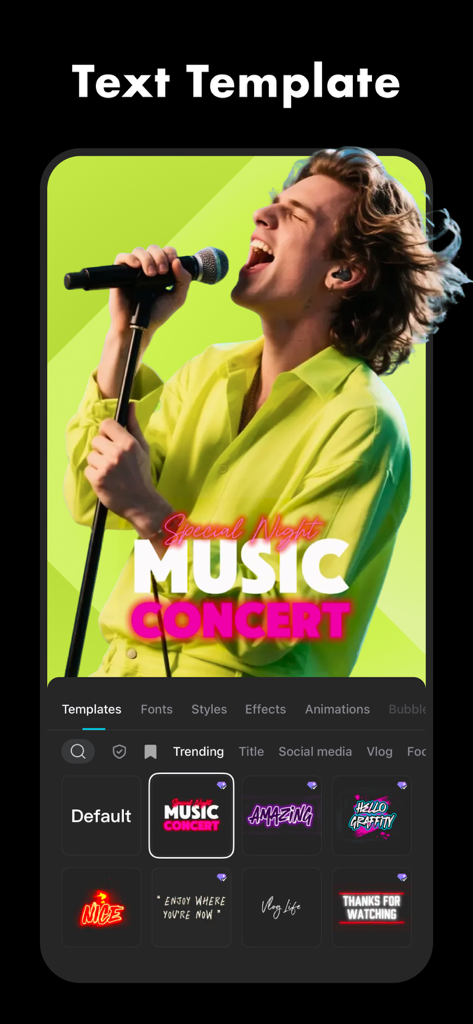 A screenshot of the CapCut mobile app displaying the text template feature with a music concert theme.