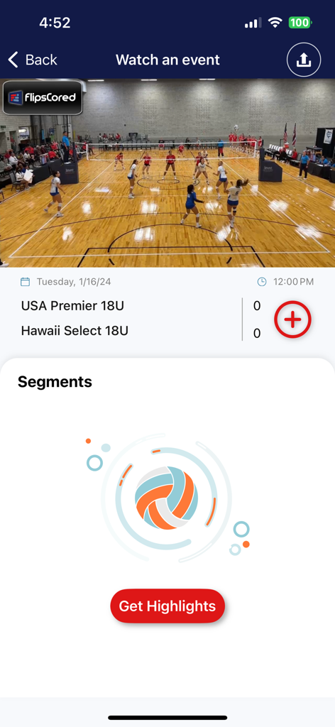 FlipsCored app interface displaying a live volleyball match with scoring and highlight generation options