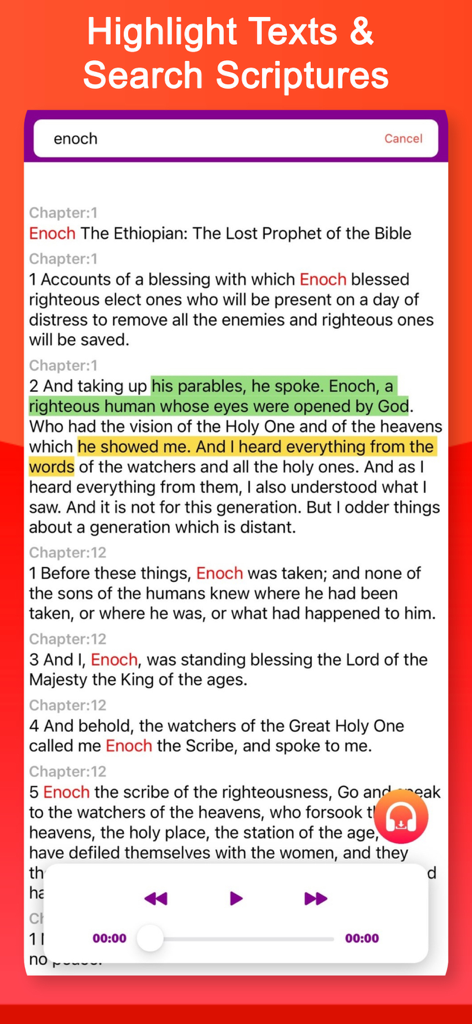 Book of Enoch & Audio - Una captura de pantalla de la aplicación Libro de Enoc que muestra resultados de búsqueda de escrituras con texto resaltado y una interfaz de reproductor de audio