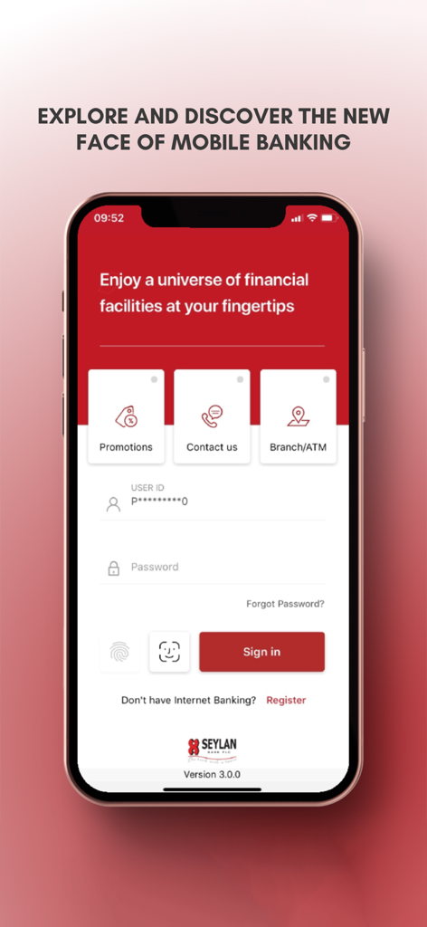 SEYLAN Mobile Banking App - The login screen of the Seylan Mobile Banking App featuring biometric authentication options and quick access links