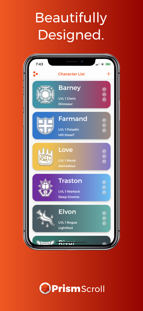 PrismScroll - Character Sheet - PrismScroll character list interface on a mobile phone displaying multiple D&D characters with colorful minimalist icons