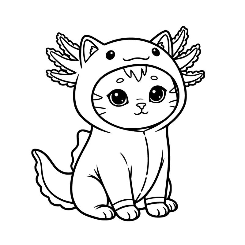 cute  cat sitting down wearing a axolotl onsie front veiw