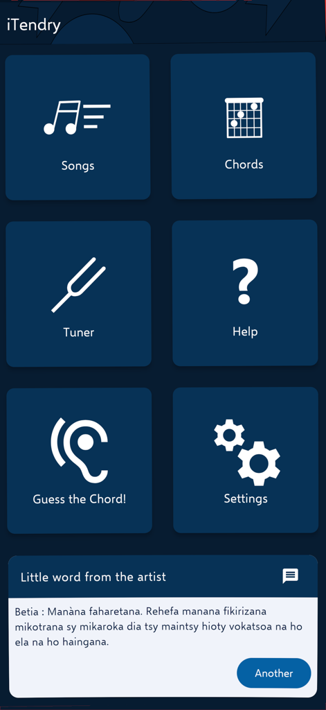 iTendry - La pantalla de inicio de la aplicación de música iTendry que presenta una cuadrícula de opciones de menú que incluyen Canciones, Acordes, Afinador y Adivina el Acorde.