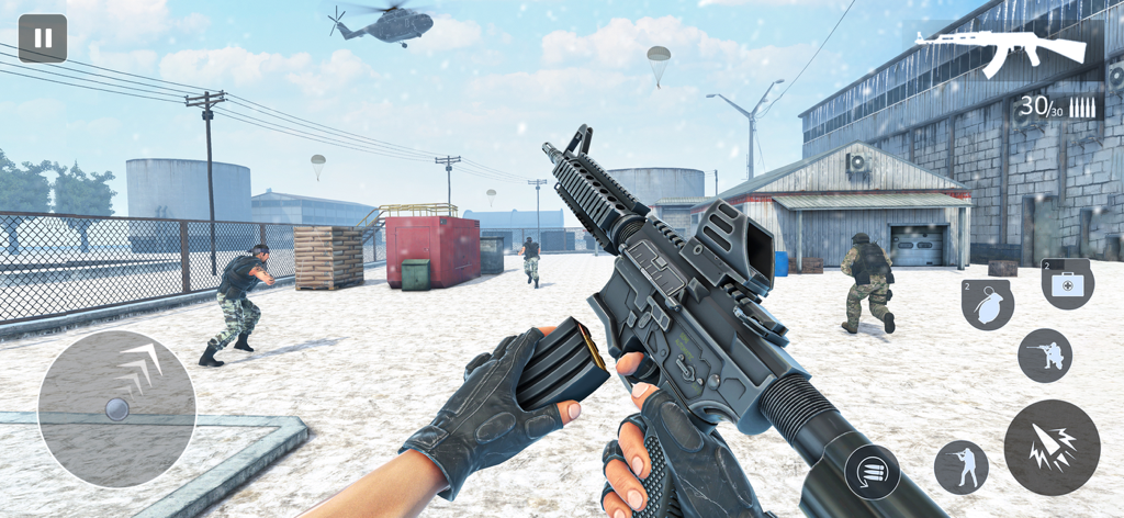 Commando Strike: Shooting Game - First-person perspective of a player reloading a rifle in a snowy military combat zone.