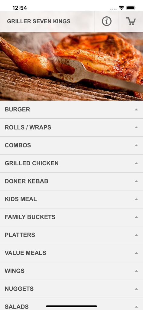 Griller (Seven Kings) - Main menu interface of the Griller Seven Kings app showing food categories like grilled chicken and burgers with a grilled chicken banner.