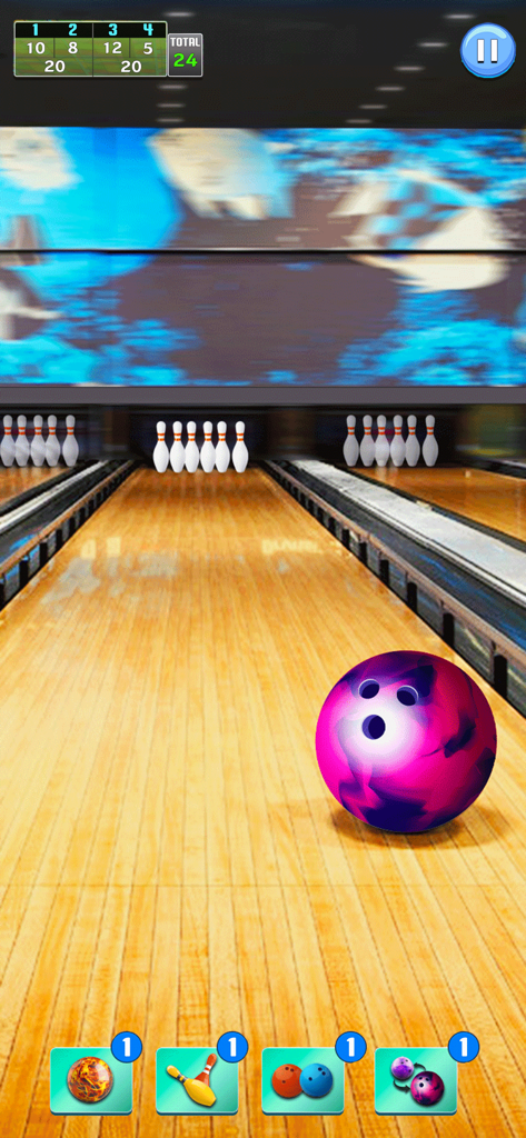 Jugabilidad realista de un juego de bolos en 3D con una bola de bolos rosa en una pista de madera