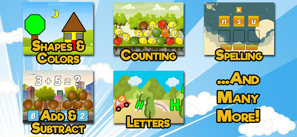 Preschool & Kindergarten (SE) - Una muestra de cinco módulos de juegos educativos que cubren formas y colores, conteo, ortografía, suma y resta, y letras para estudiantes de preescolar y jardín de infancia.