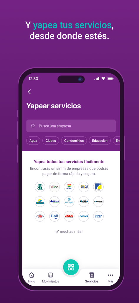 Yape Bolivia - Uma tela de celular mostrando a interface do app Yape Bolívia para pagar serviços básicos, como contas de luz e água