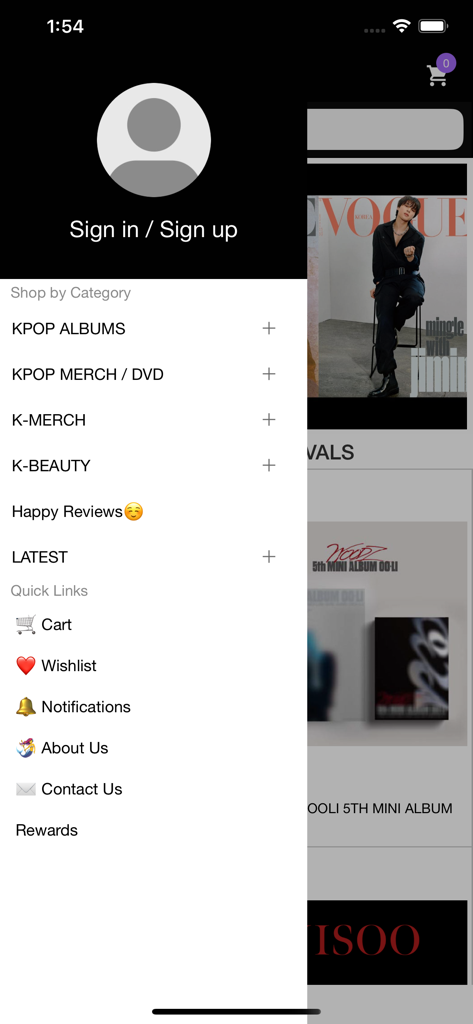 COKODIVE mobile app sidebar menu showing categories for K-pop albums merch and Korean beauty products