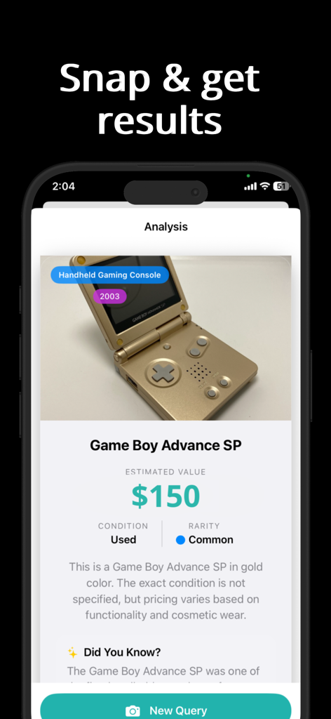 How Much Is It Worth - App interface showing a 150 dollar price estimate for a gold Game Boy Advance SP