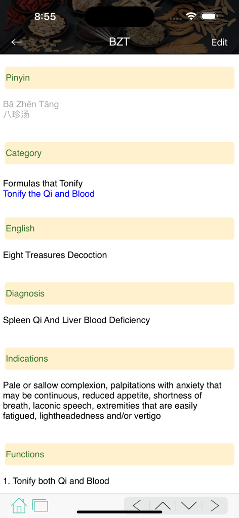 Mobile app screen of TCM Clinic Aid showing herbal formula details for Eight Treasures Decoction including diagnosis and indications