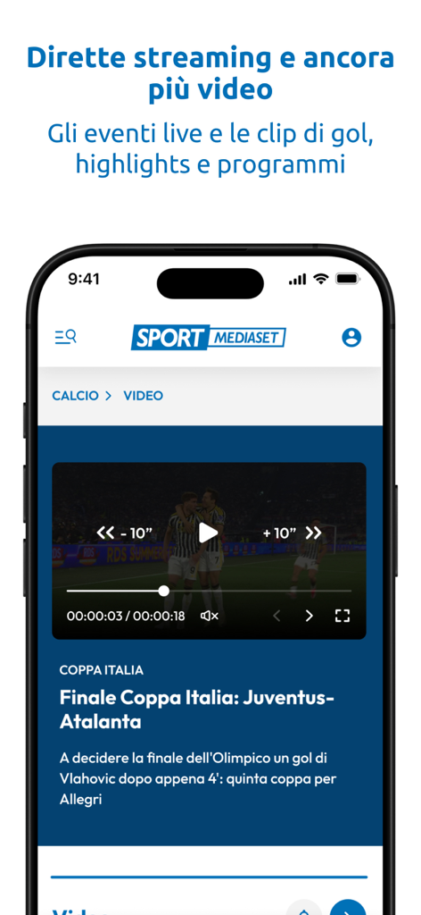 SportMediaset - Interfaz de la aplicación SportMediaset mostrando un reproductor de video de fútbol con transmisión en vivo y resúmenes deportivos