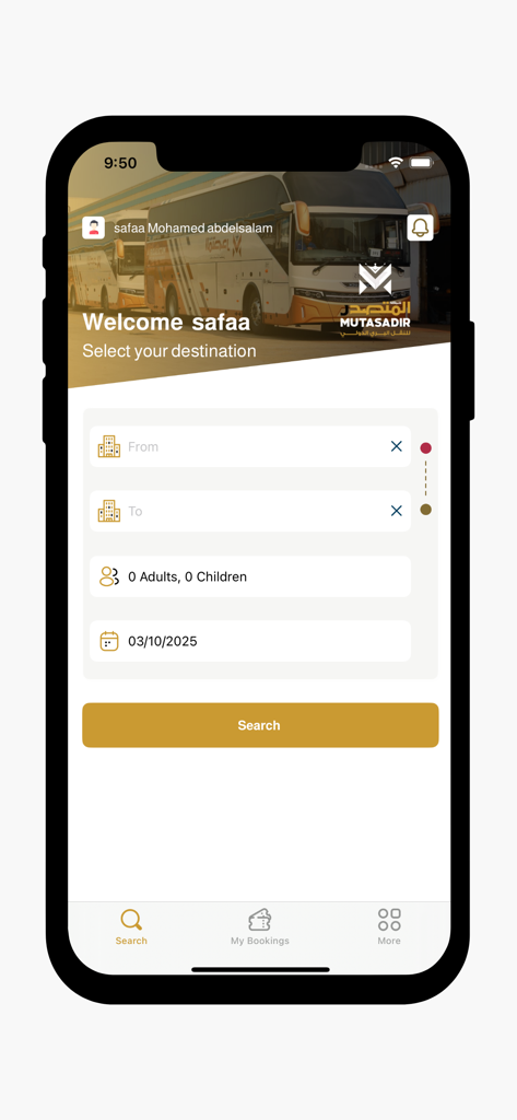 Al-Mutasadir Transport app search interface for booking international bus travel