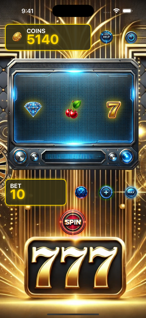 ReelFusion game interface showing a futuristic slot machine with neon graphics and a spin button