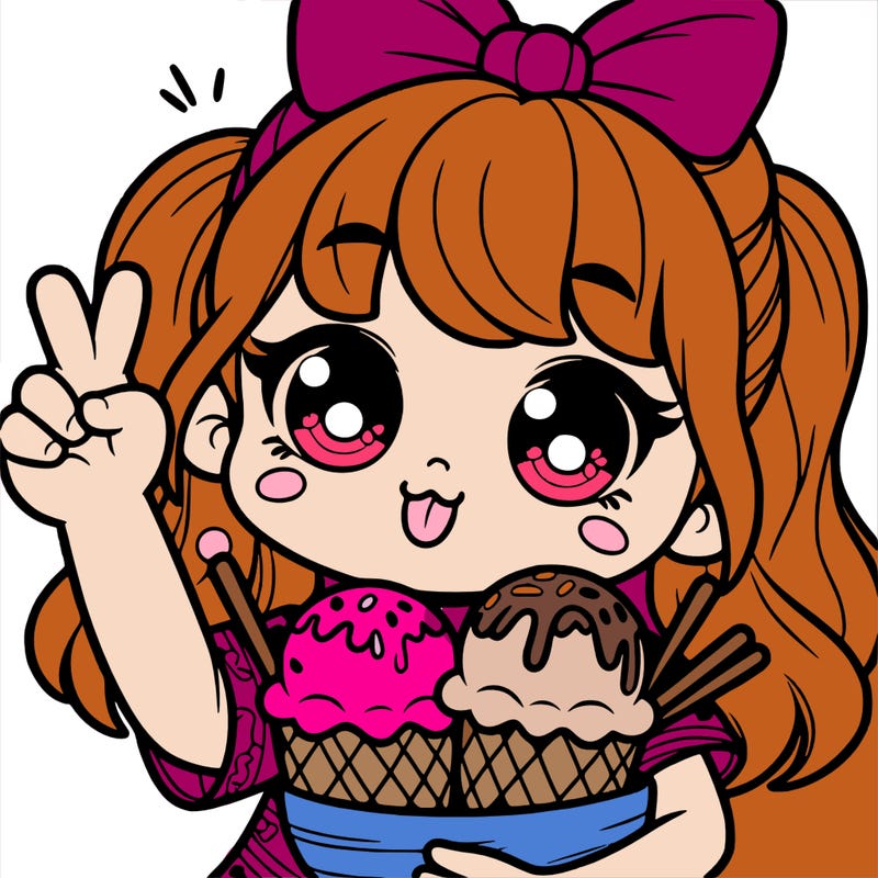 a girl with 3 ice cream scoops and doing a peace ✌️