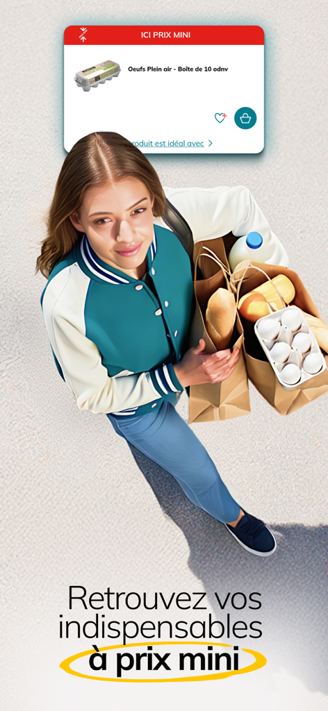 Courses U : Magasin en ligne - A young woman carrying grocery bags with a Courses U app interface highlighting low prices for daily essentials like eggs