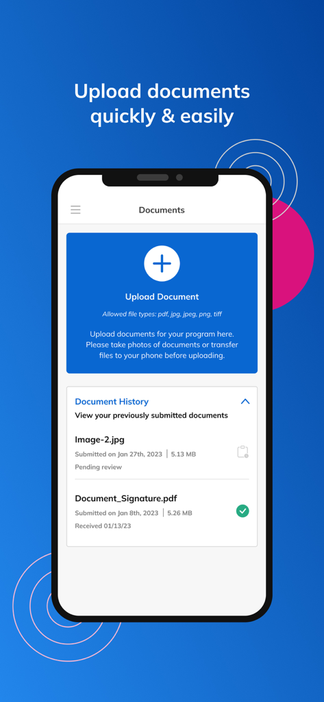 Beyond Finance - The Beyond Finance app interface showing the document upload screen and a list of previously submitted documents.