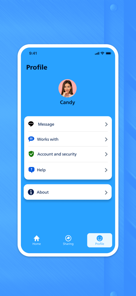 Écran des paramètres du profil de l'application Philips Home Access montrant les options de compte utilisateur et de sécurité.