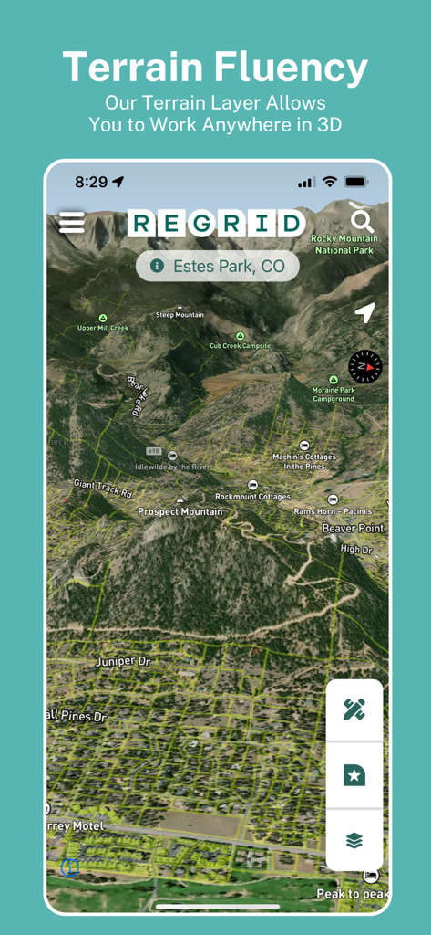 Regrid Property App - コロラド州エステス・パークの不動産区画境界線を示すRegridアプリの3D地形図ビュー