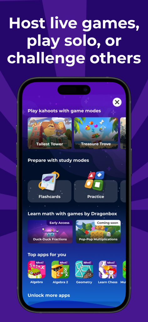Kahoot app showing game modes flashcards and educational math games