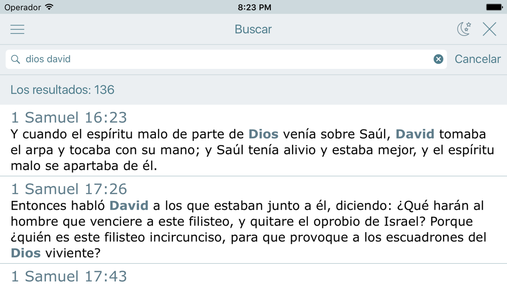Reina Valera Spanish Bible app search results for keywords Dios and David