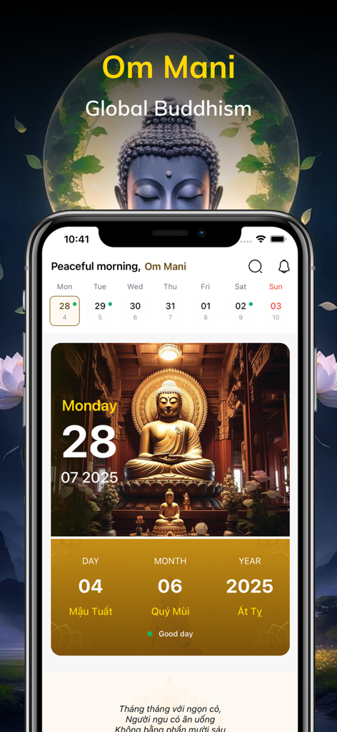 Om Mani – Global Buddhism - Om Mani Global Buddhism app home screen showing a daily calendar with lunar dates and Buddha imagery