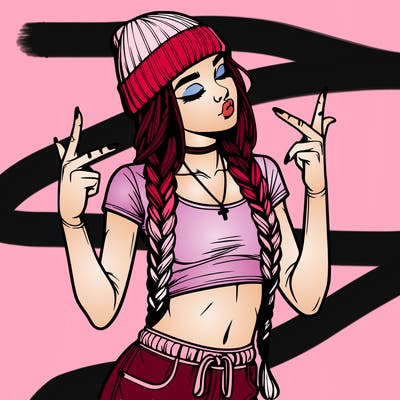 realistic teenage girl with braids and a beanie and crop top doing 🫶🏼