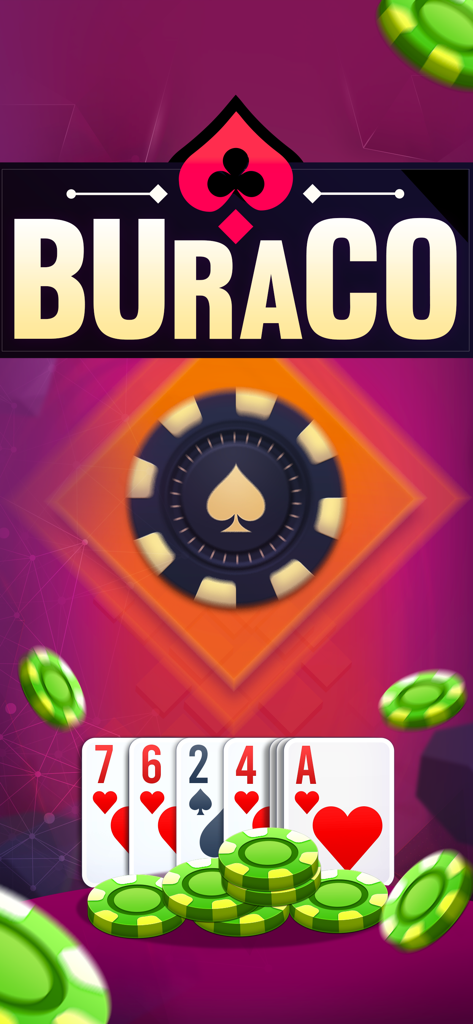 Buraco  Card Game - タイトル、トランプ、ゲームチップを備えたブラコ カードゲームのスプラッシュスクリーン