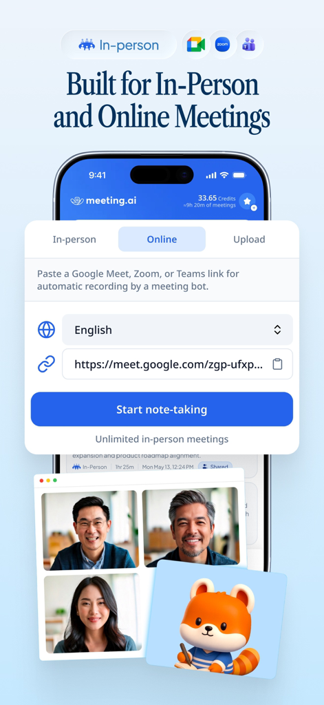 Meeting.ai app interface showing how to start automatic note-taking for online meetings using a link.