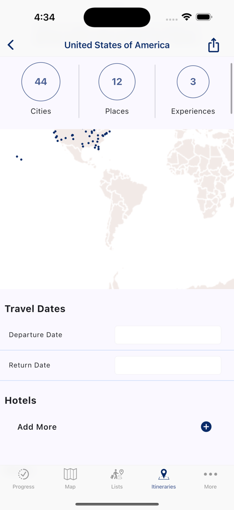 Visited: Travel Tracker & Map - App interface showing travel itinerary planning for the USA with trip stats and a map.