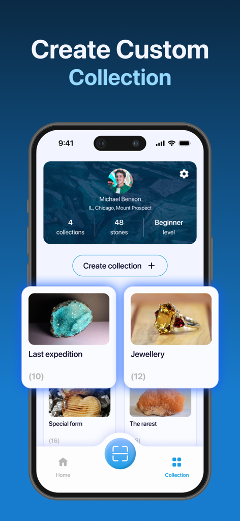 Rock Identifier ID - StoneScan - Una pantalla móvil de la aplicación StoneScan que muestra un perfil de usuario y varias colecciones organizadas de rocas y joyas.