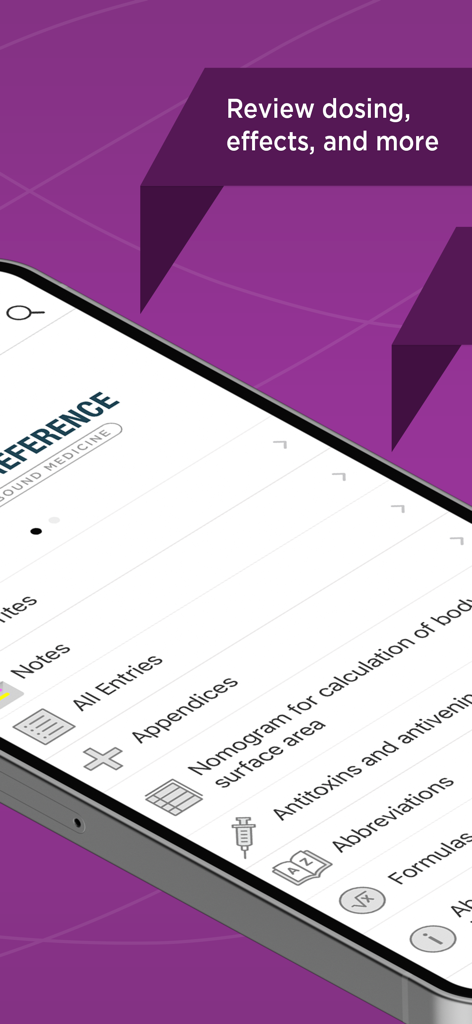 Mosby's Drug Reference 앱 화면에 복용량, 효과 및 임상 부록 메뉴 옵션 표시