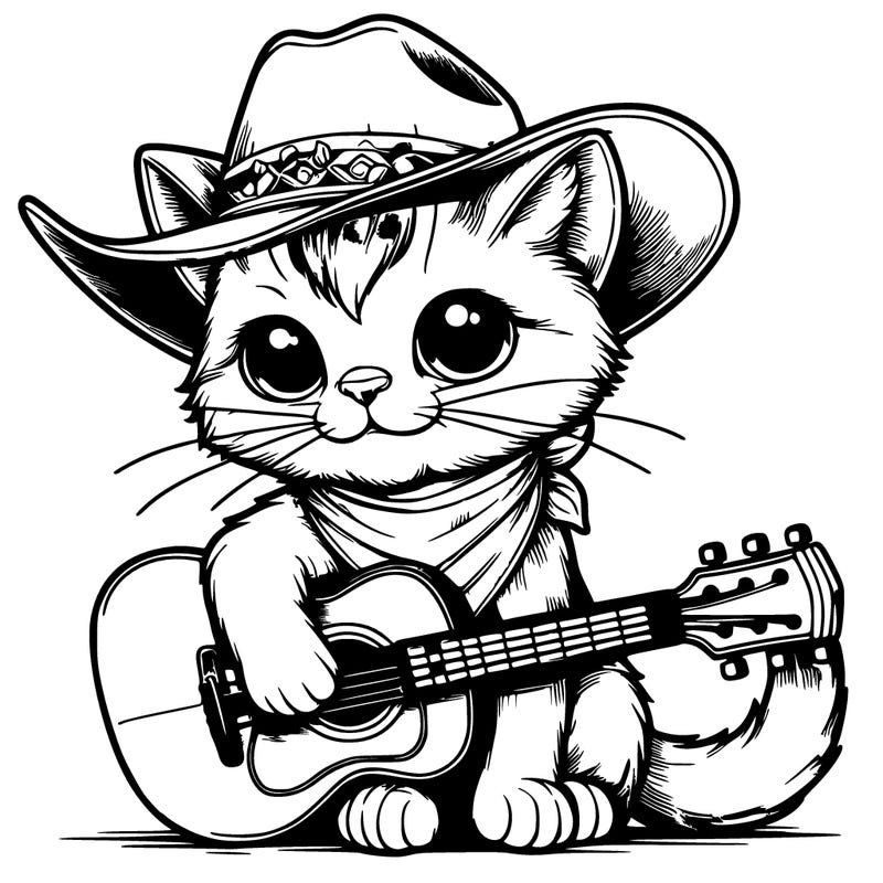 realistic cat wearing cowboy hat and playing guitar