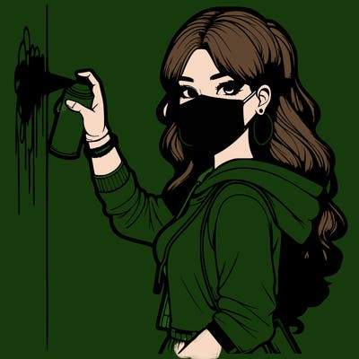 realistic girl with mask spray painting a wall