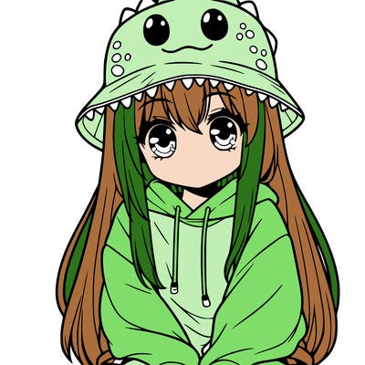 girl with anime shaped eyes with a dinosaur bucket hat oversized sweatshirt long straight hair