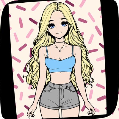 a realistic girl with long hair and in a crop top and shprts
